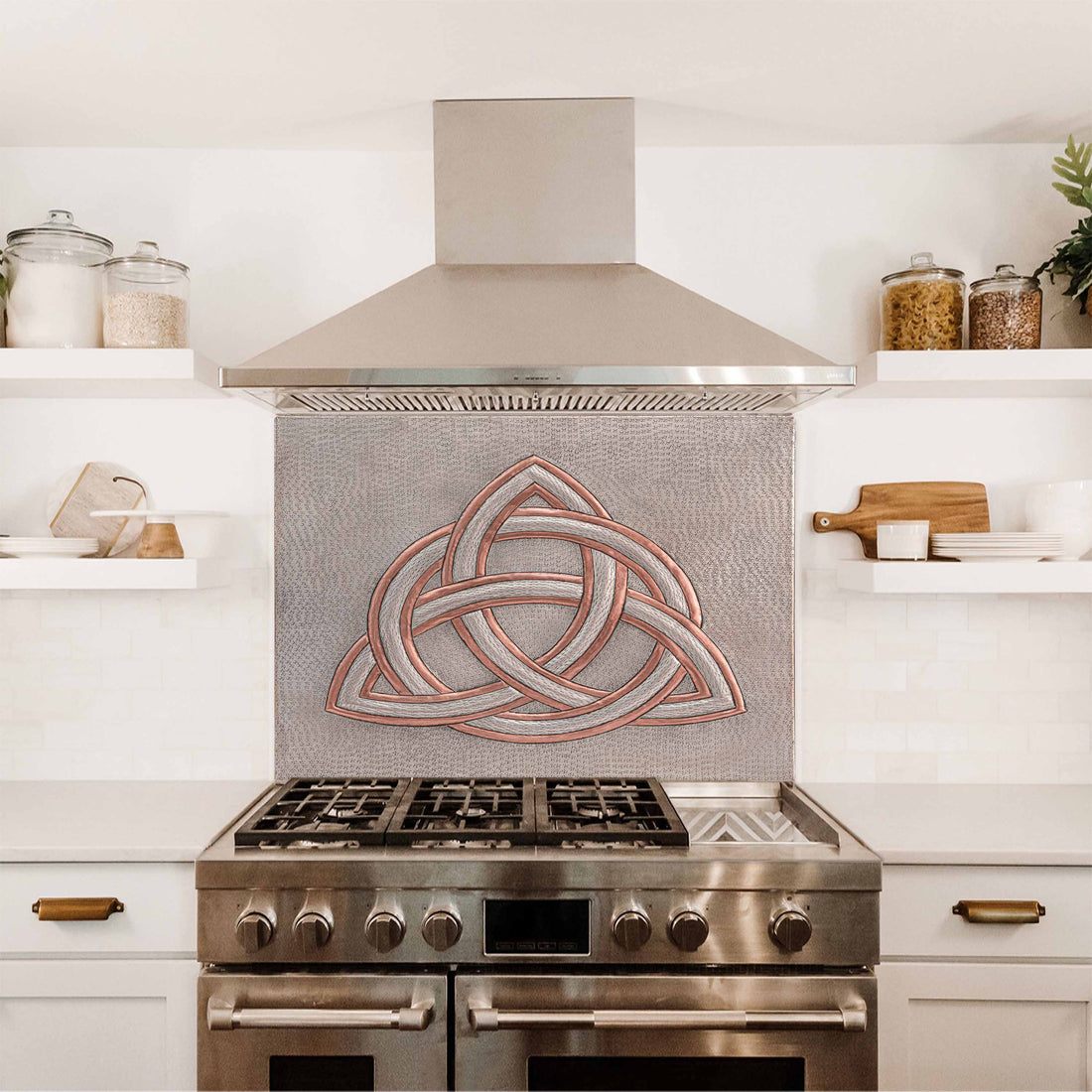 Copper backsplash with gray cabinets — trinity knot copper panel, warm metal against cool tones by Natuross