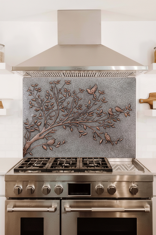 How heavy is a copper backsplash panel — birds in the tree in Silver–Copper finish by Natuross