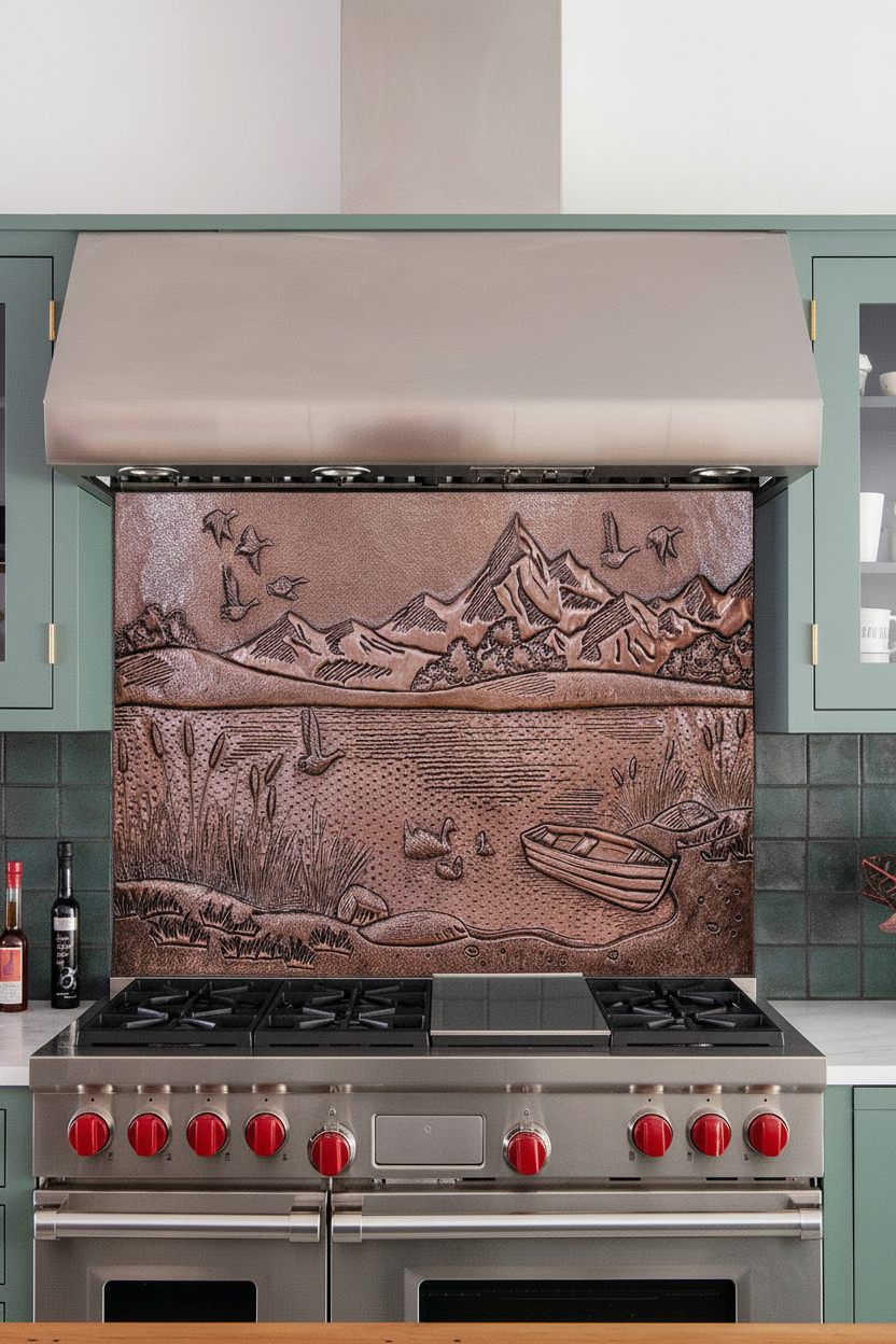 Copper backsplash ROI — mountain lake scene, what buyers notice when they walk into your kitchen