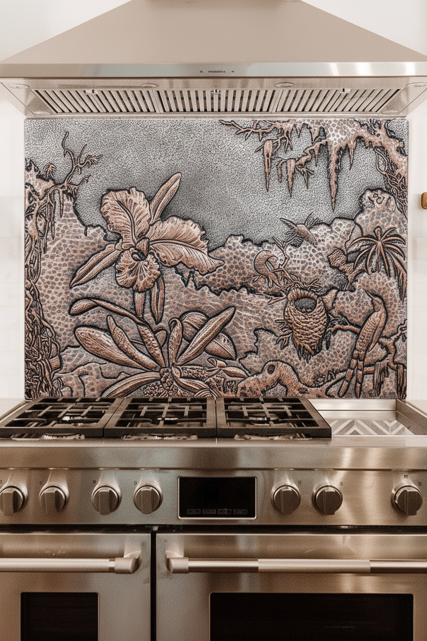 Copper backsplash vs subway tile — garden scene with hummingbird in Silver–Copper finish by Natuross