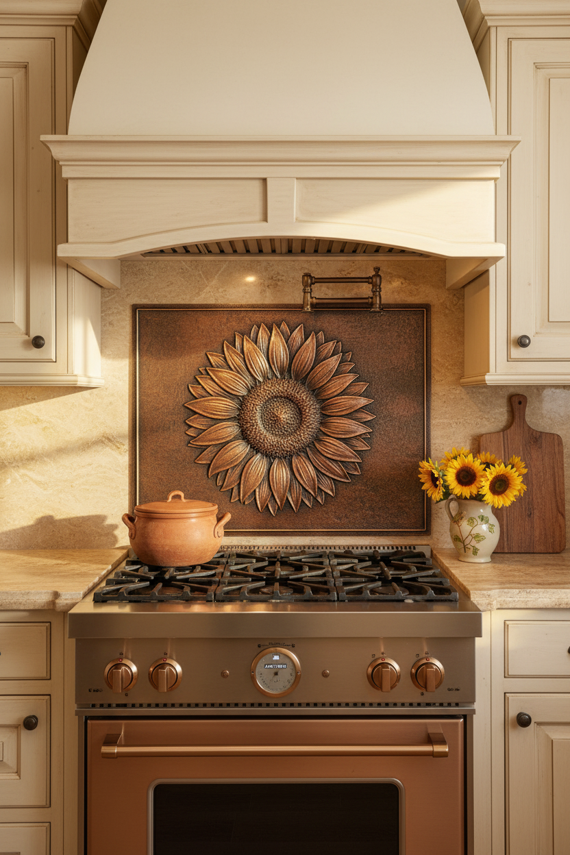 Copper backsplash for a farmhouse kitchen — sunflower in Brown Copper finish by Natuross