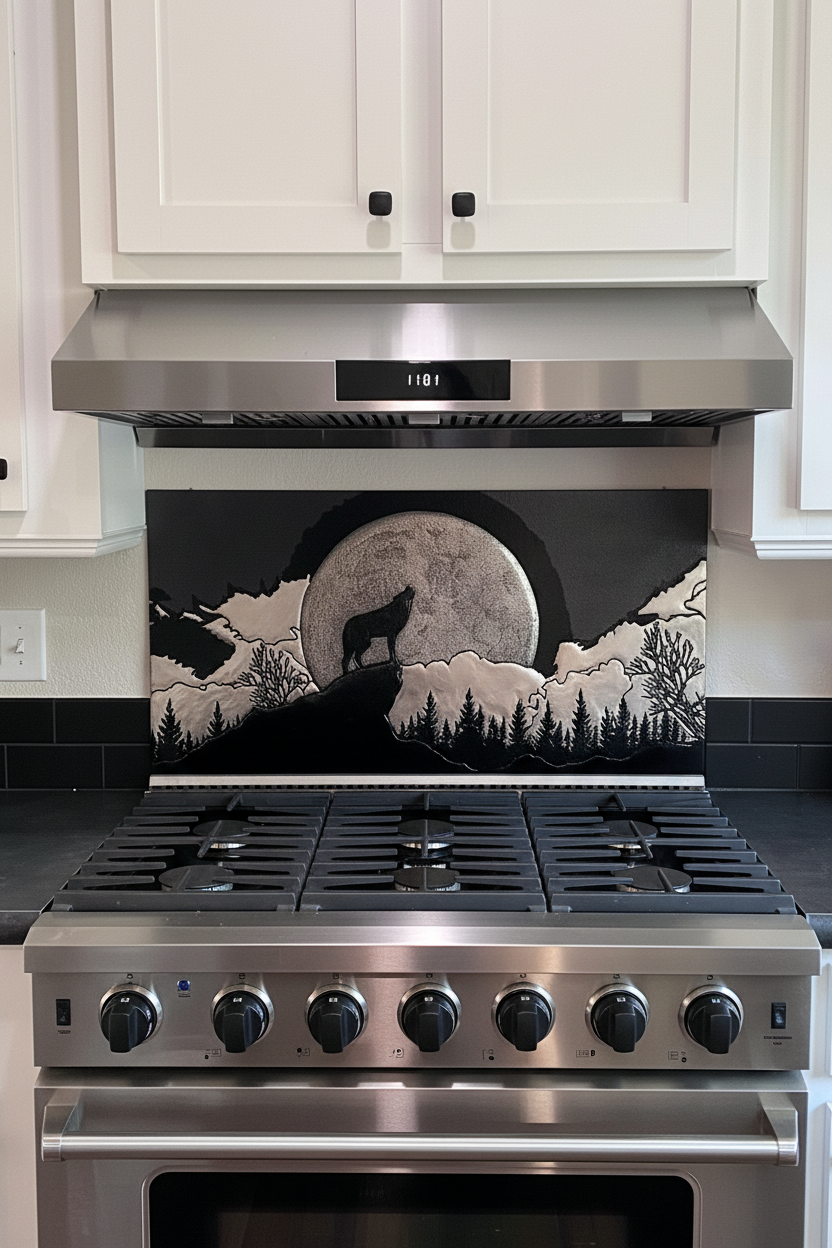 Copper backsplash vs peel-and-stick — howling wolf scene in Silver–Black finish by Natuross