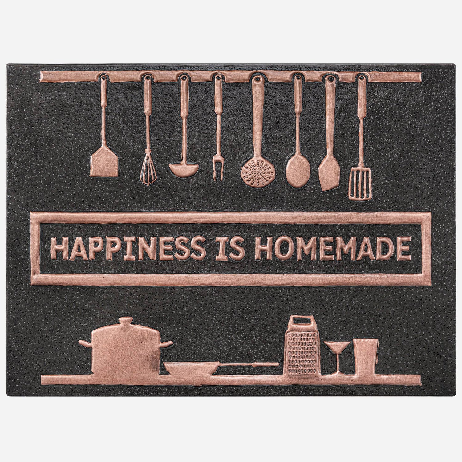 Shop the Happiness is Homemade Copper Backsplash, a hand-hammered real copper panel featuring a heartwarming farmhouse-inspired design. This artisan copper backsplash is perfect for cozy kitchens, rustic homes, and country-style interiors.