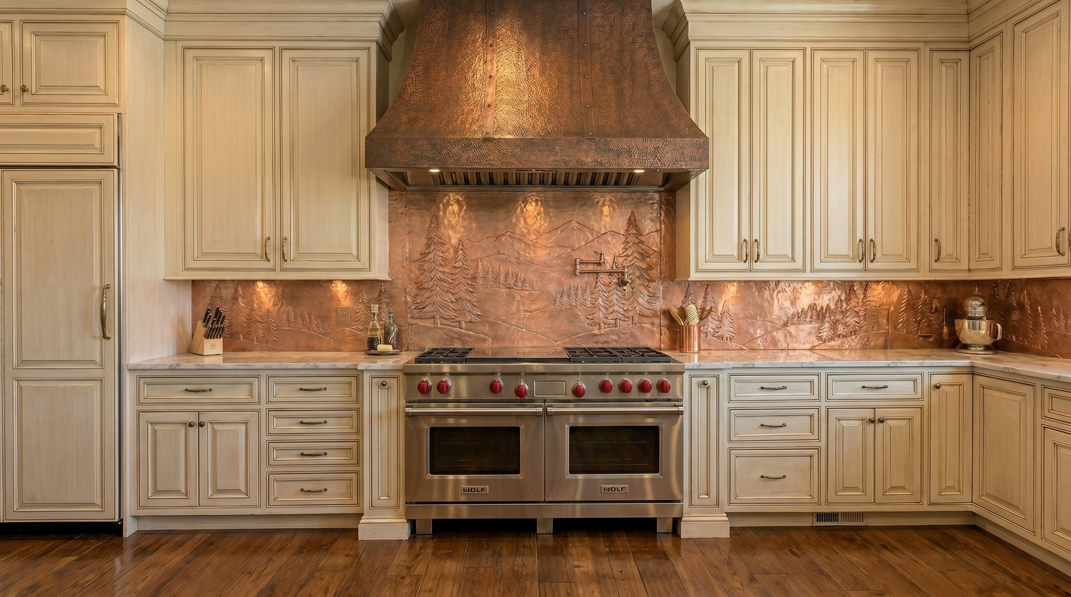Full-wall copper kitchen backsplash set with mountain sunrise design behind range