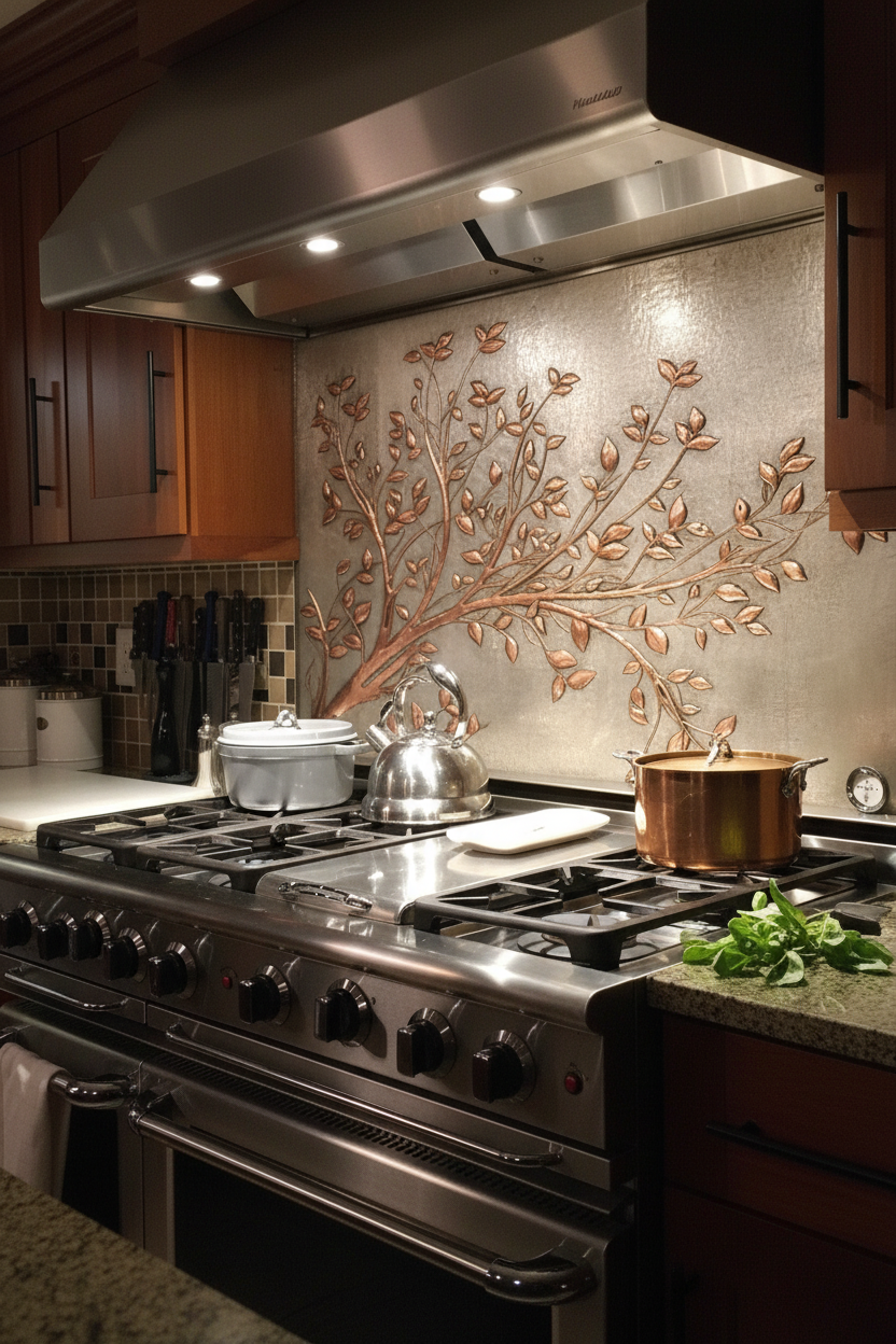 Silver Kitchen Backsplashes with Copper Details