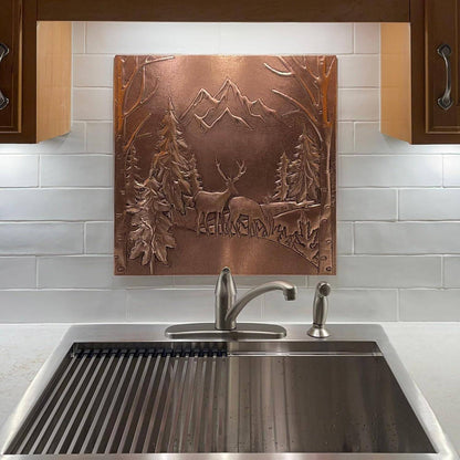 Copper Backsplash Panel (Mountains, Pine Trees and Deer Landscape)