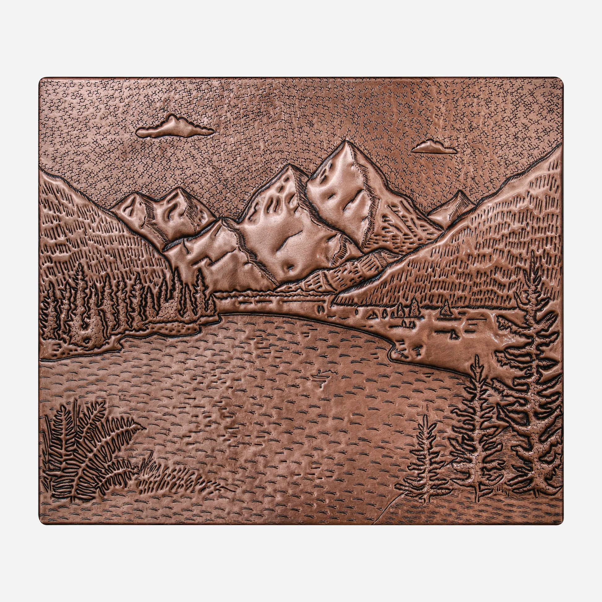 Rocky Mountains & Lake Landscape Copper Backsplash – Handcrafted Copper Kitchen Tile, Custom Mountain Scene Wall Art - Natuross