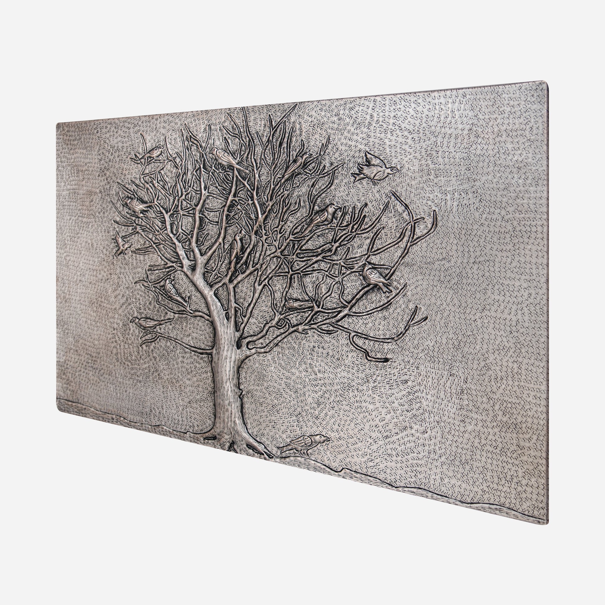 Copper Backsplash Panel (Birds on a Dead Tree, Silver Color)