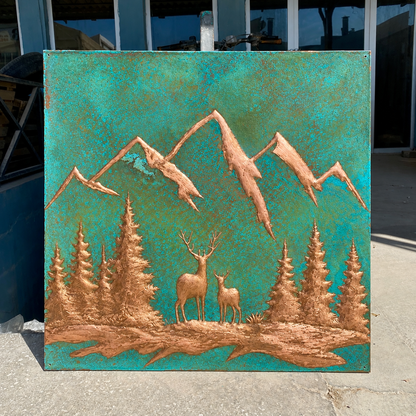 Deer & Mountain Copper Backsplash — Green Copper