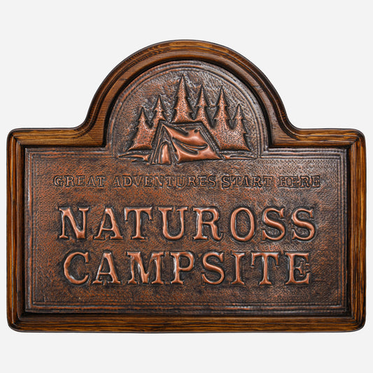 Copper Camping Sign (Tent and Pine Trees, Personalized, Brown Patina)