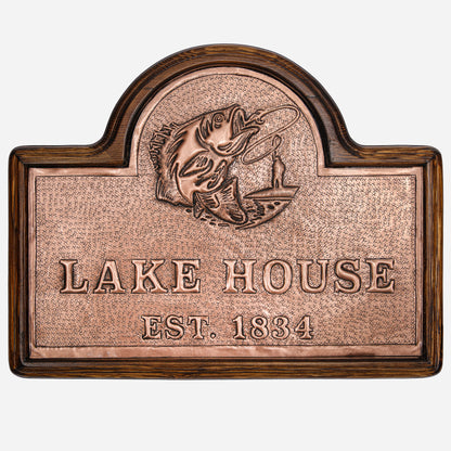 Copper Lake House Sign (Largemouth Bass Fish and Fisherman, Personalized)