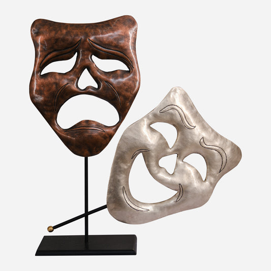 Copper Comedy Tragedy Theater Masks Sculpture (Brown, Silver)