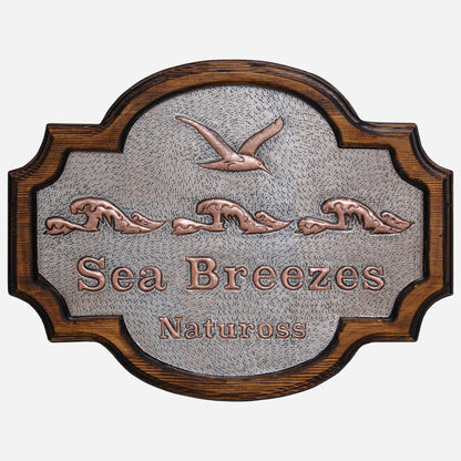 Copper Beach House Sign (Gull Bird and Waves, Personalized, Silver&Copper Color)