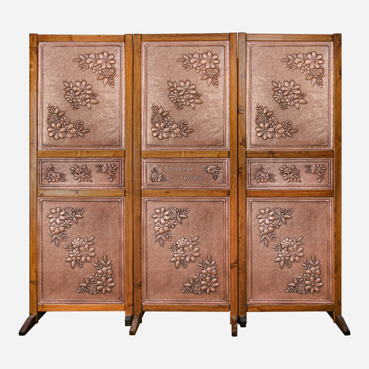 Copper Foldable 3 Panel Room Divider with Decorative Flowers