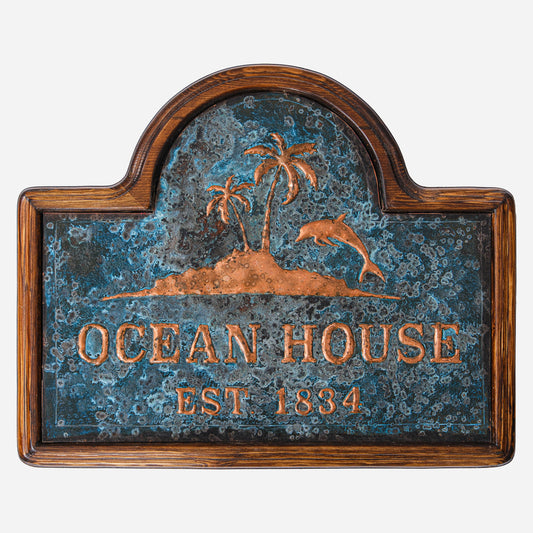 Copper Ocean House Sign (Palm Trees and Dolphin, Blue Patina)