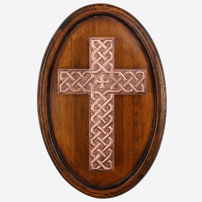 Copper Celtic Cross Wall Sculpture (Wooden Base)