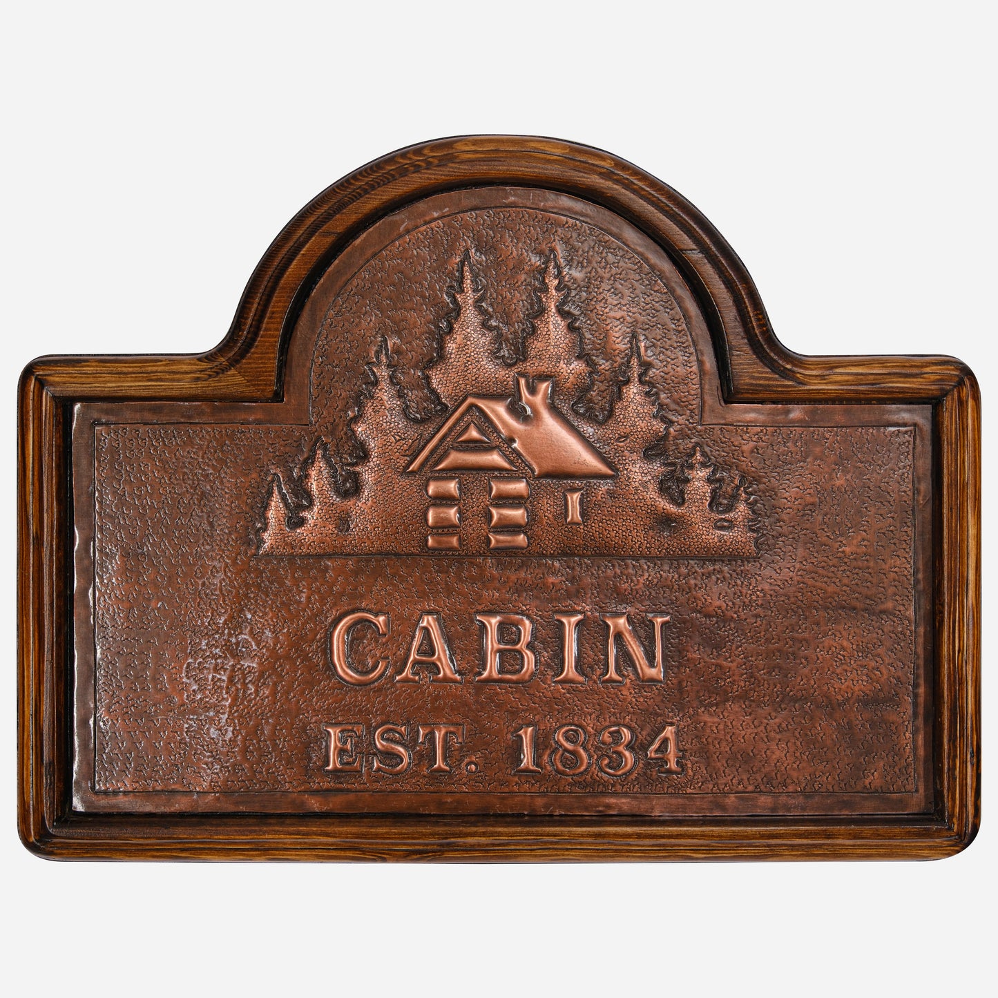 Copper Cabin Name Sign (Cabin and Pine Trees, Personalized, Brown Patina)