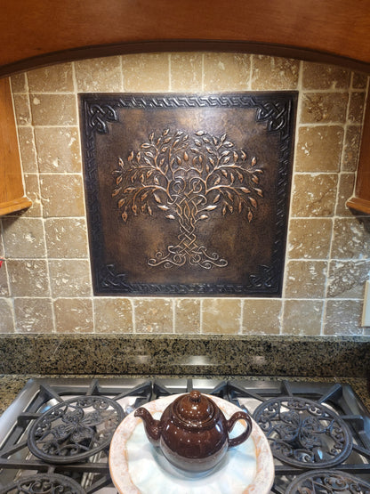 Brown Tree of Life Copper Backsplash | Rustic Handmade Farmhouse Copper Kitchen Wall Art - Natuross