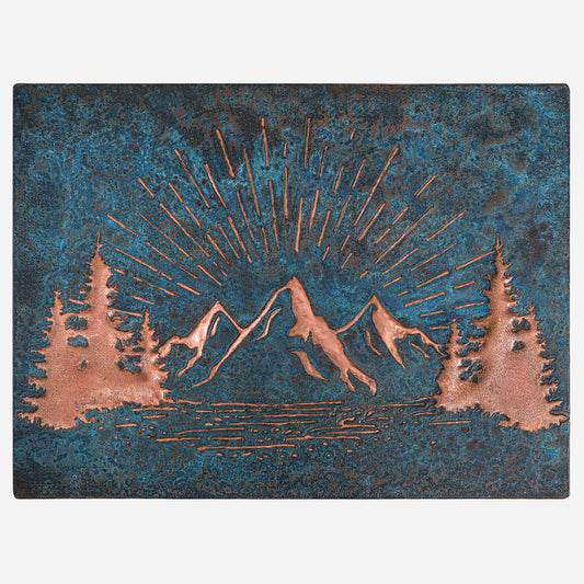 Rising Sun Behind the Mountains Copper Backsplash 17.8x23.6" Blue Patina