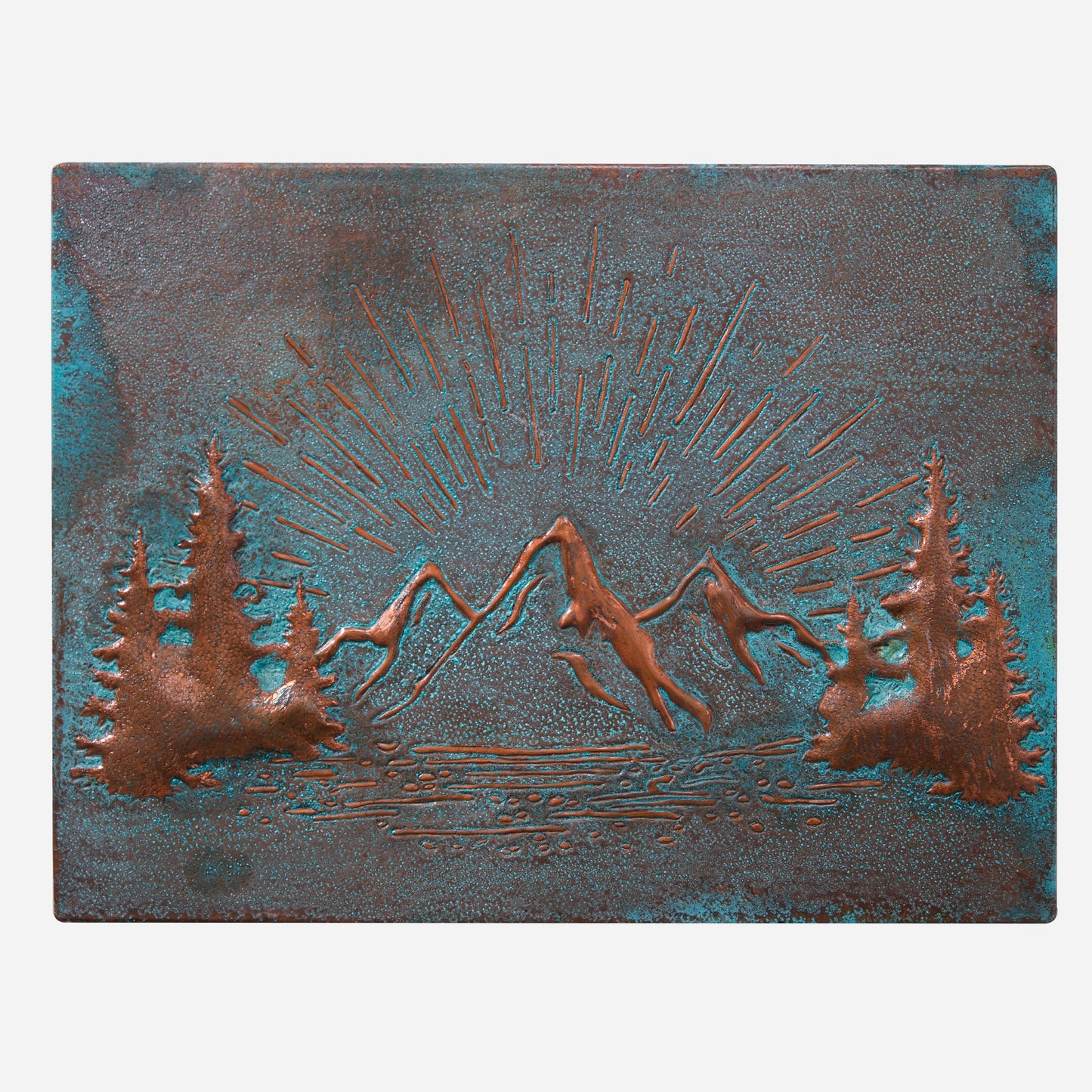 Rising Sun Behind the Mountains Copper Kitchen Backsplash 11.9x15.8" Green Patina