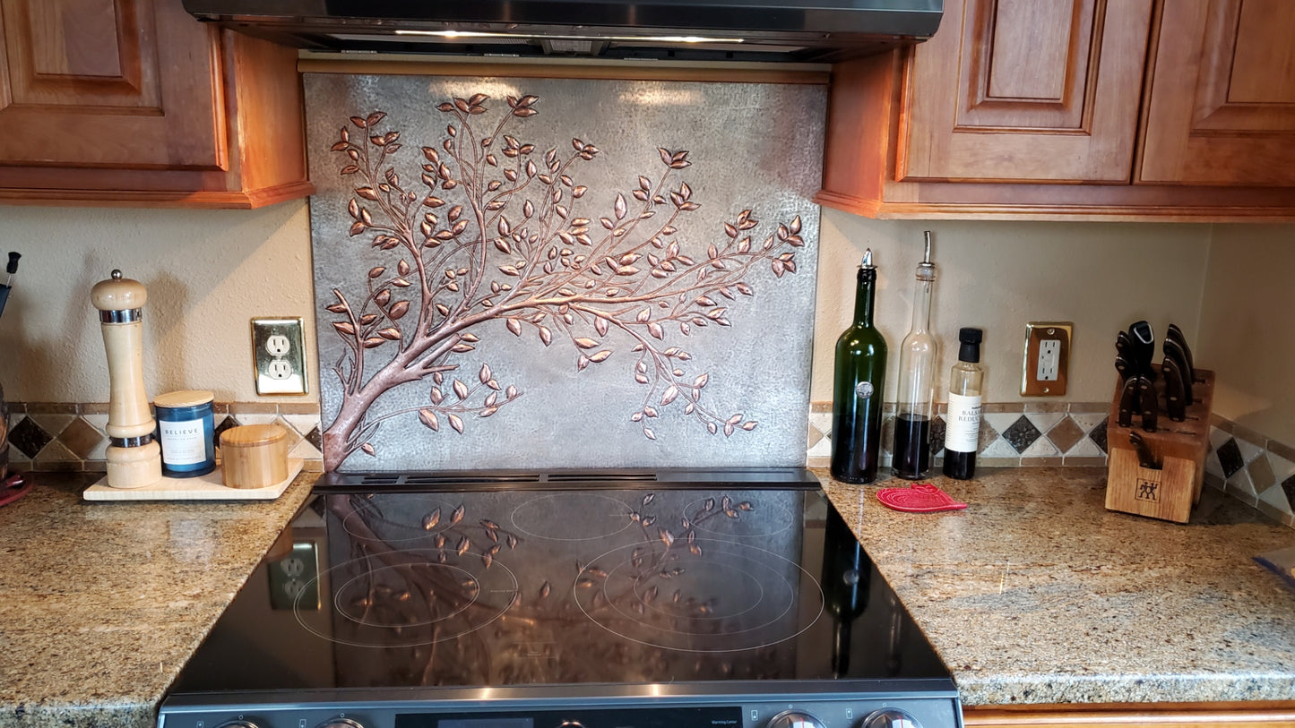 Gray Copper Tree Branches Backsplash | Handmade Copper Kitchen Backsplash Tile