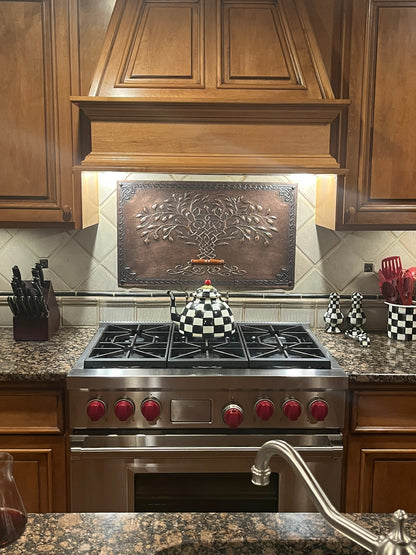 Brown Tree of Life Copper Backsplash | Rustic Handmade Farmhouse Copper Kitchen Wall Art - Natuross
