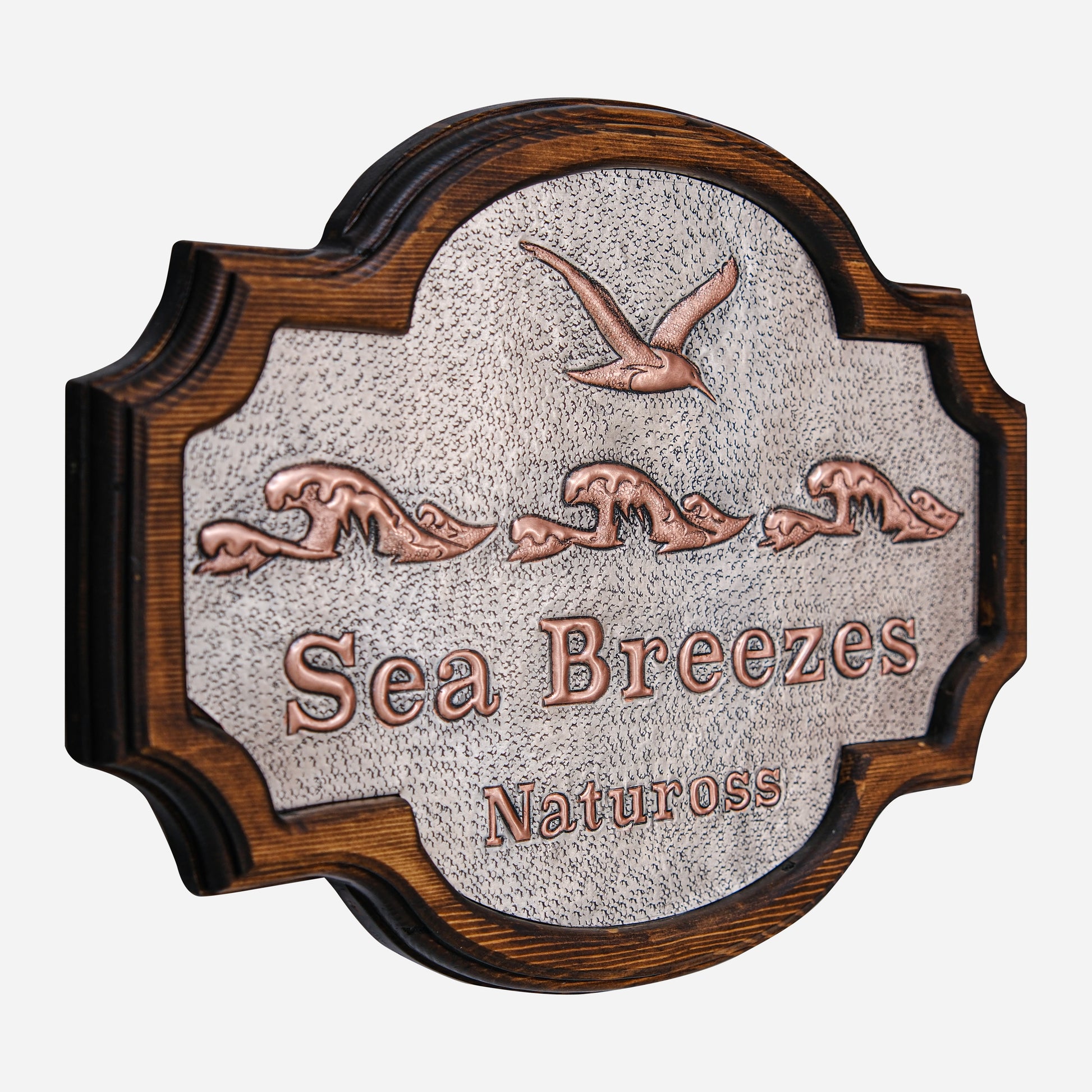 Copper Beach House Sign (Gull Bird and Waves, Personalized, Silver&Copper Color)