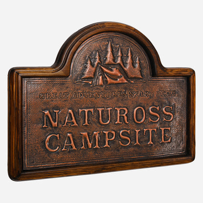 Copper Camping Sign (Tent and Pine Trees, Personalized, Brown Patina)