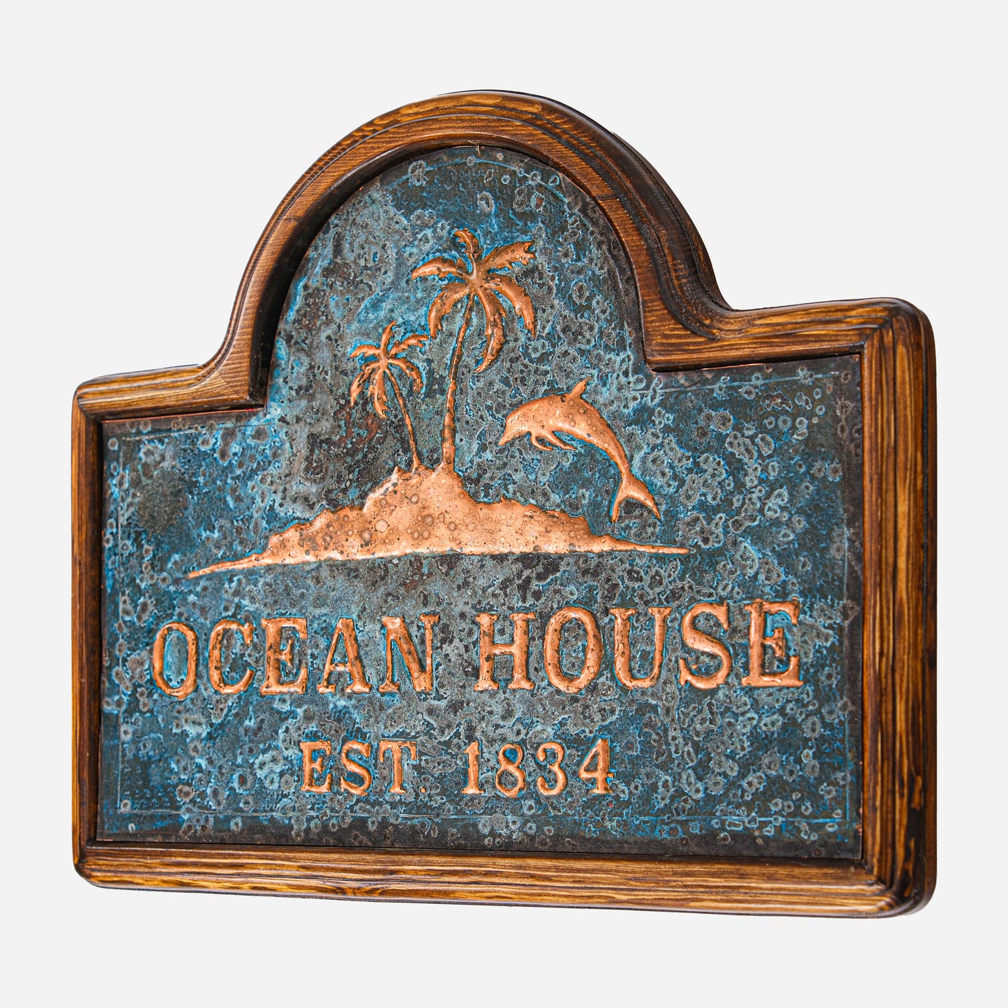 Copper Ocean House Sign (Palm Trees and Dolphin, Blue Patina)