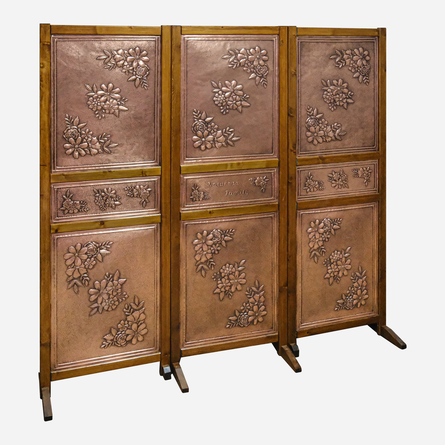 Copper Foldable 3 Panel Room Divider with Decorative Flowers