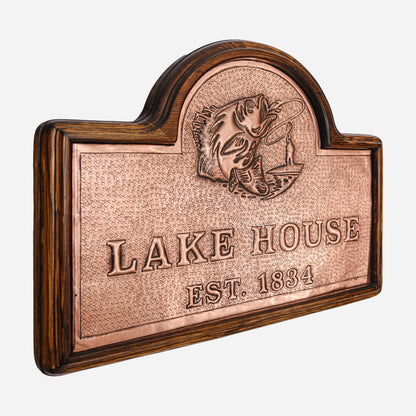 Copper Lake House Sign (Largemouth Bass Fish and Fisherman, Personalized)