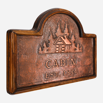 Copper Cabin Name Sign (Cabin and Pine Trees, Personalized, Brown Patina)