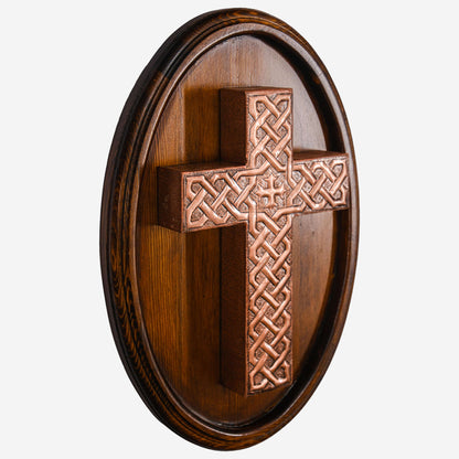 Copper Celtic Cross Wall Sculpture (Wooden Base)