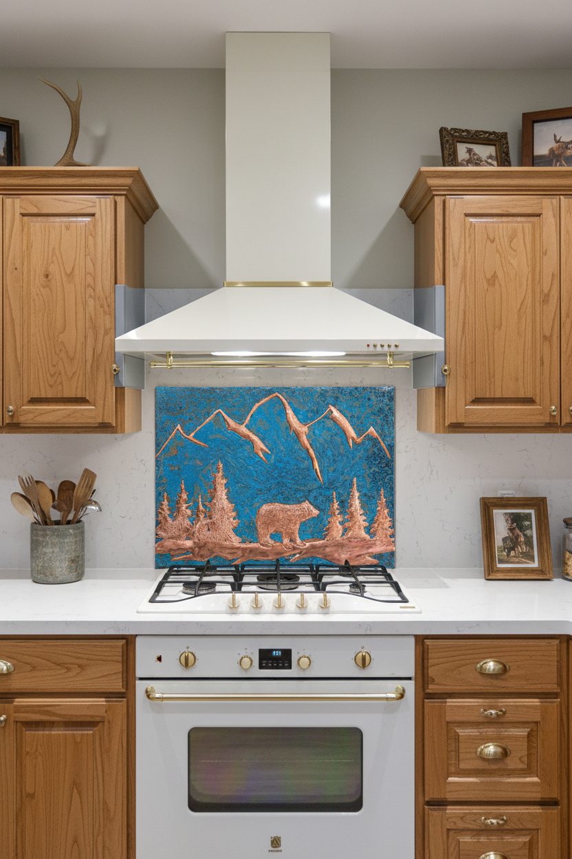 3. Green Patina - Bear backsplash lodge kitchen copper relief green patina woodland 48-60 inches