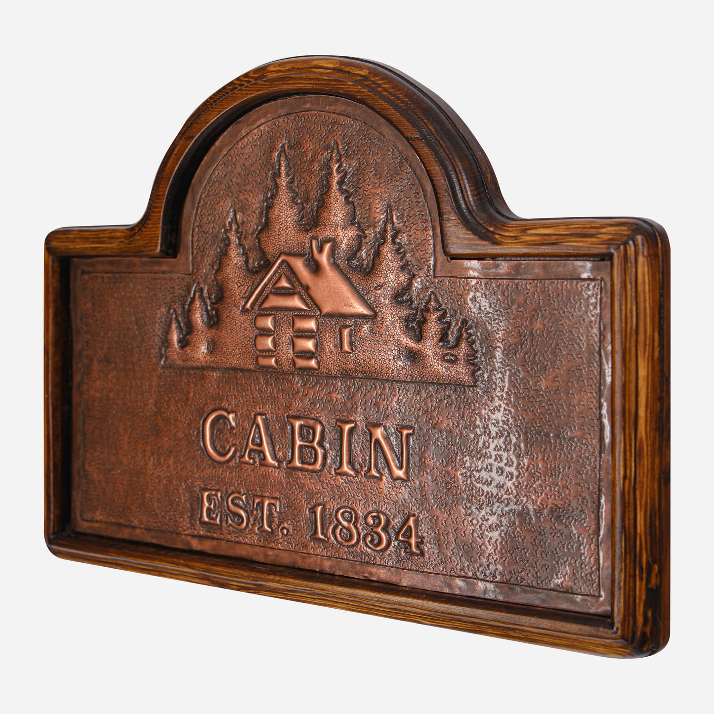 Copper Cabin Name Sign (Cabin and Pine Trees, Personalized, Brown Patina)