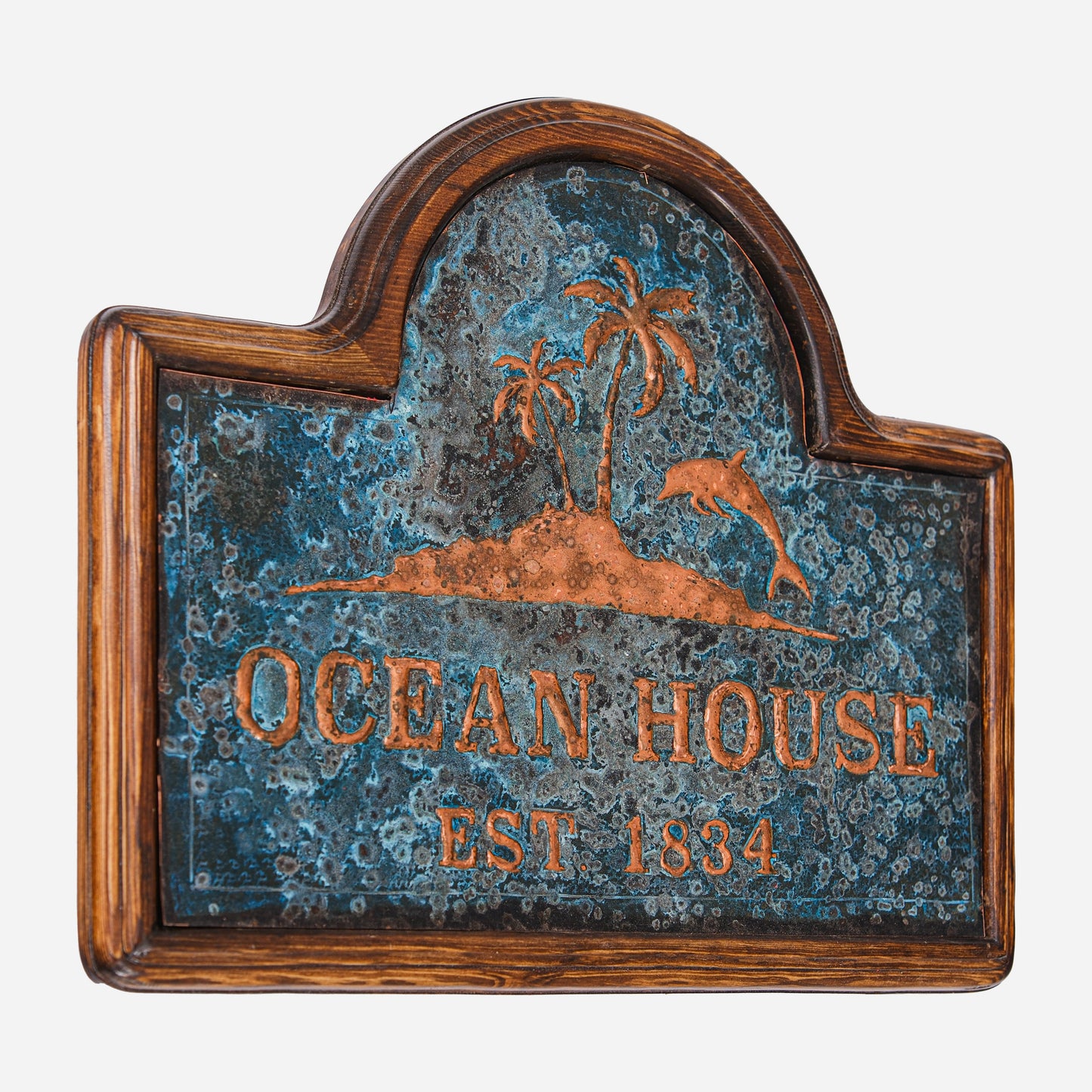 Copper Ocean House Sign (Palm Trees and Dolphin, Blue Patina)