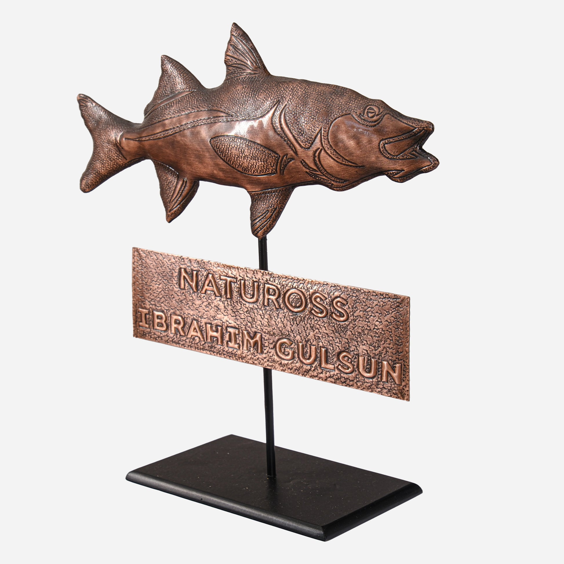 Copper Fish Sculpture (Striped Bass, Personalized Panel Optional)