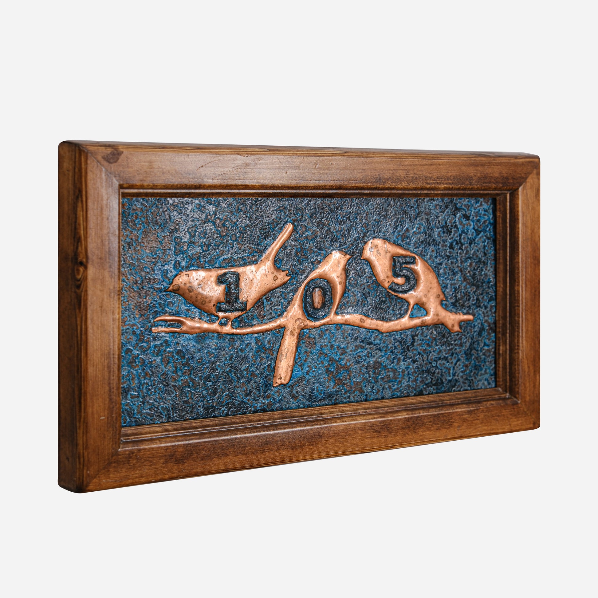 Copper House Number Sign (Personalized, Birds on Branch, Blue Patina)