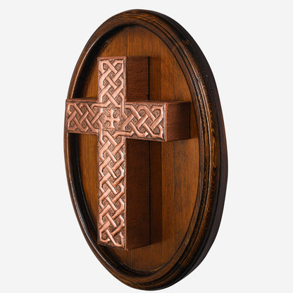 Copper Celtic Cross Wall Sculpture (Wooden Base)