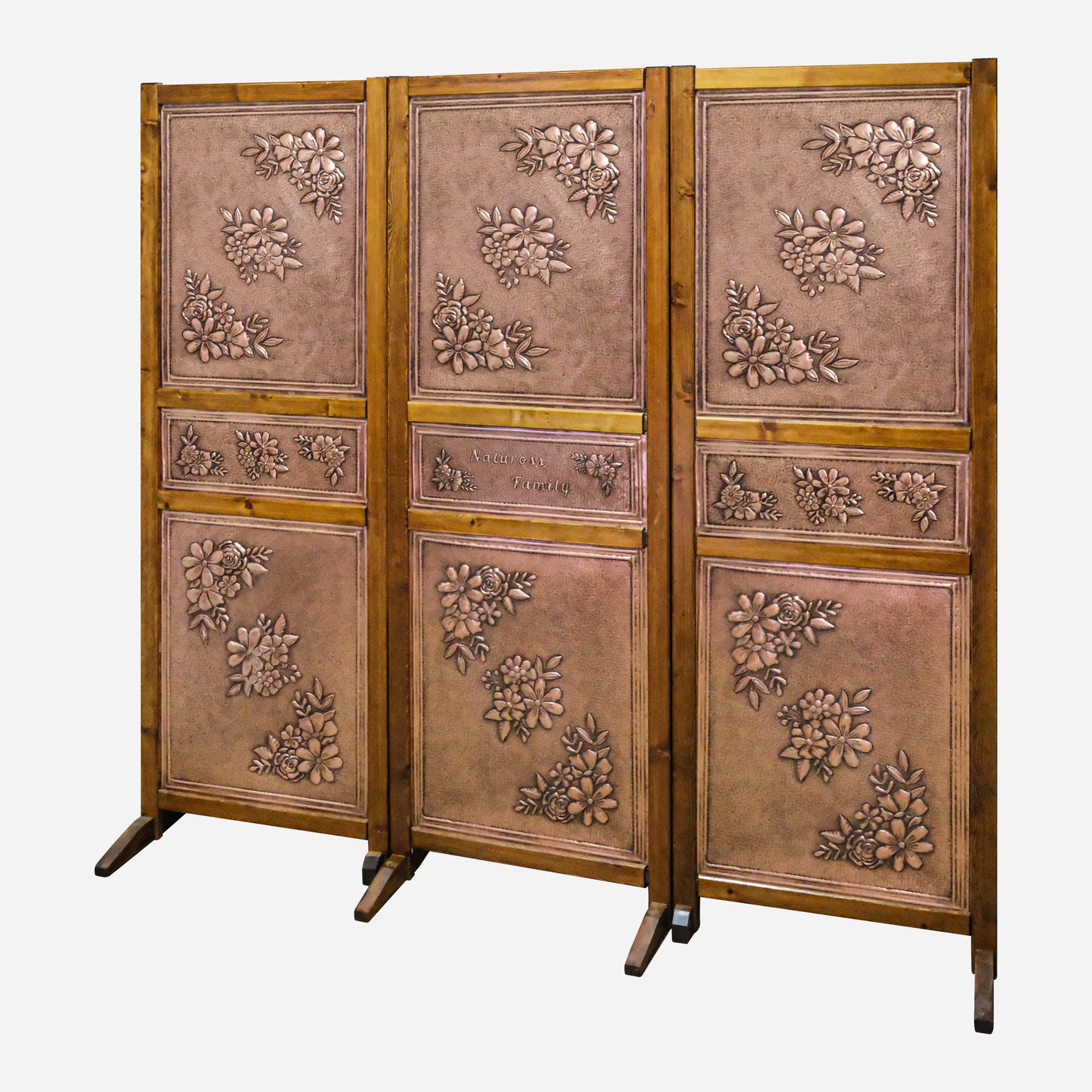 Copper Foldable 3 Panel Room Divider with Decorative Flowers