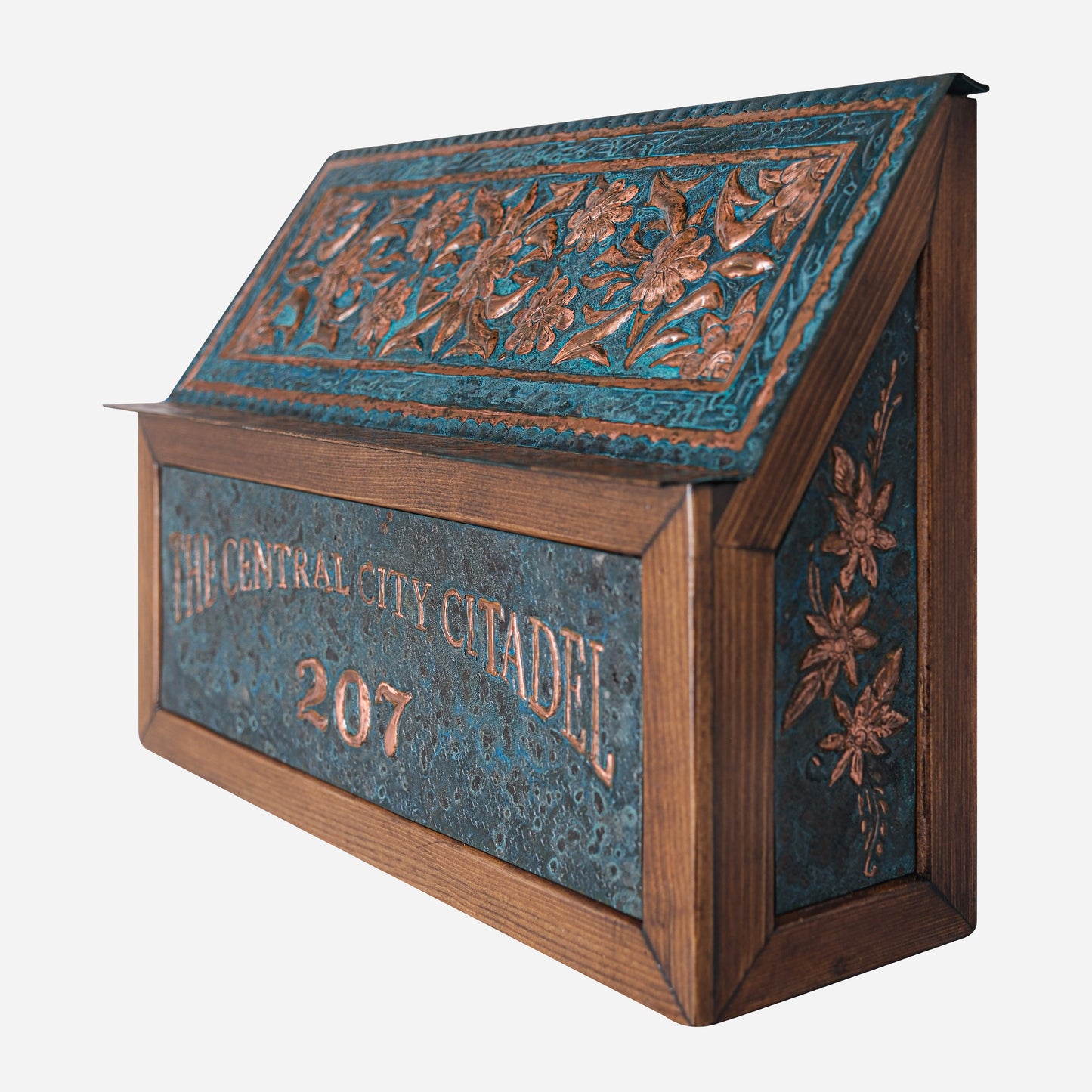 Wall Mounted Copper Mailbox in Blue Patina