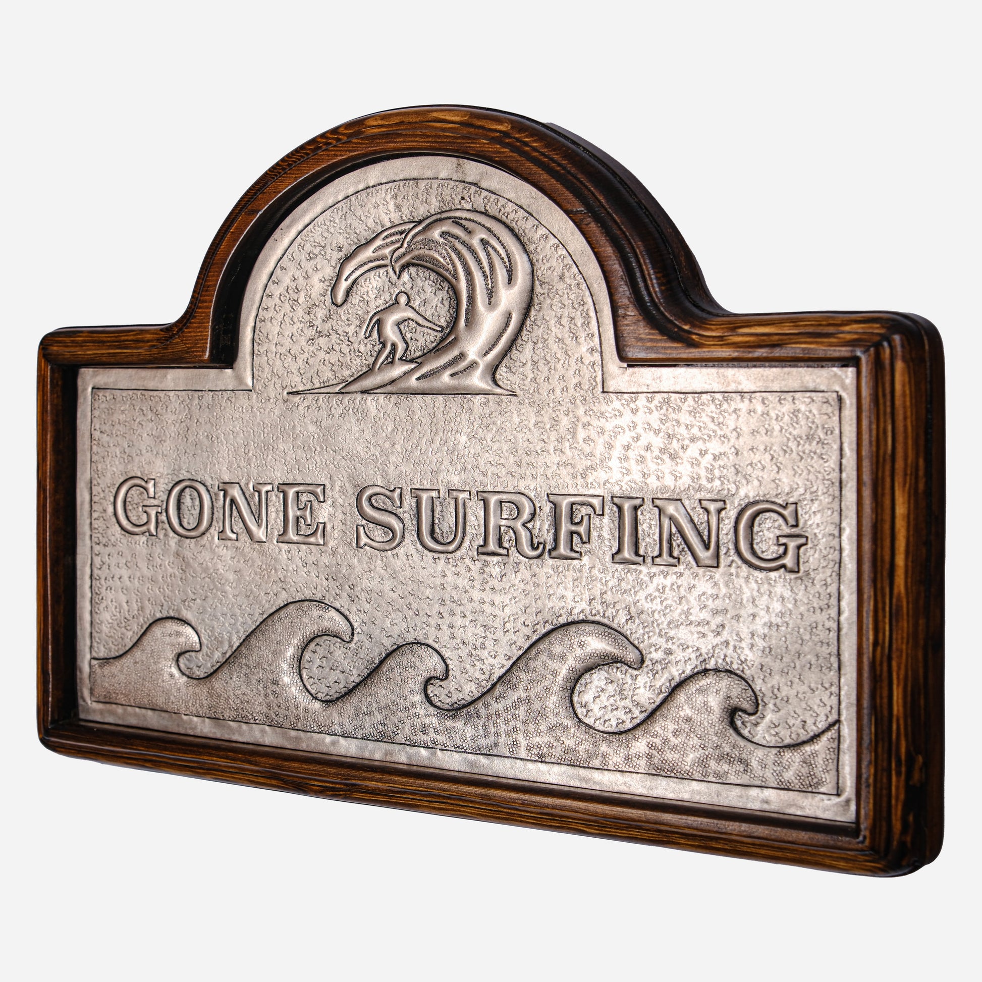 Copper Beach House Sign (Surfer and Waves, Personalized, Silver Color)