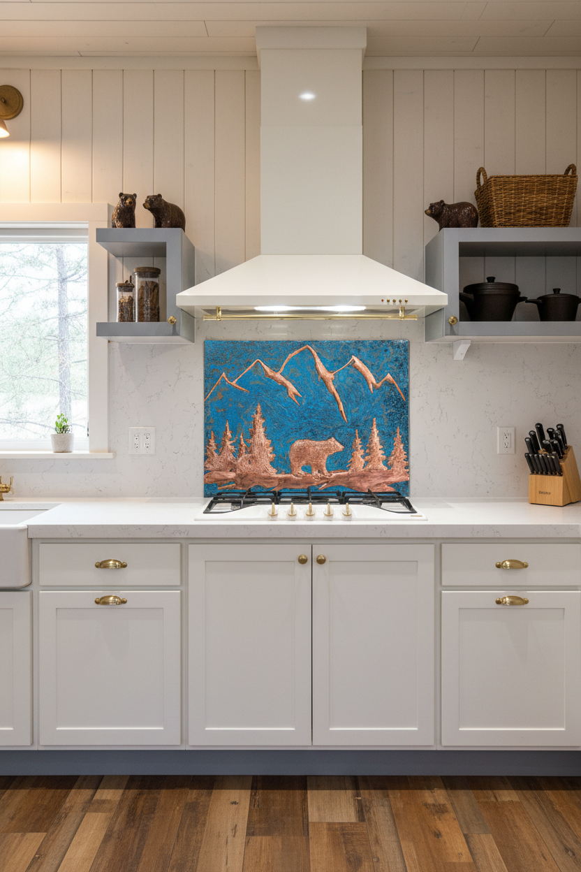 4. Blue Patina - Bear backsplash cabin kitchen copper relief blue patina wilderness 50-62 inches