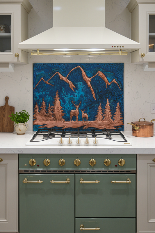 48 Inch Blue Deer Copper Backsplash Over 48" Professional Range Eclectic Farmhouse