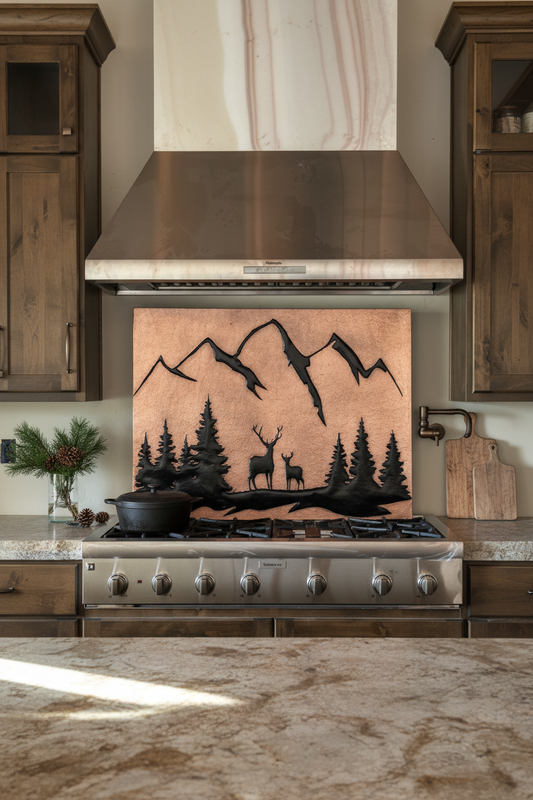 48 Inch Copper & Black Deer Backsplash Over 48" Professional Range Rustic Lodge