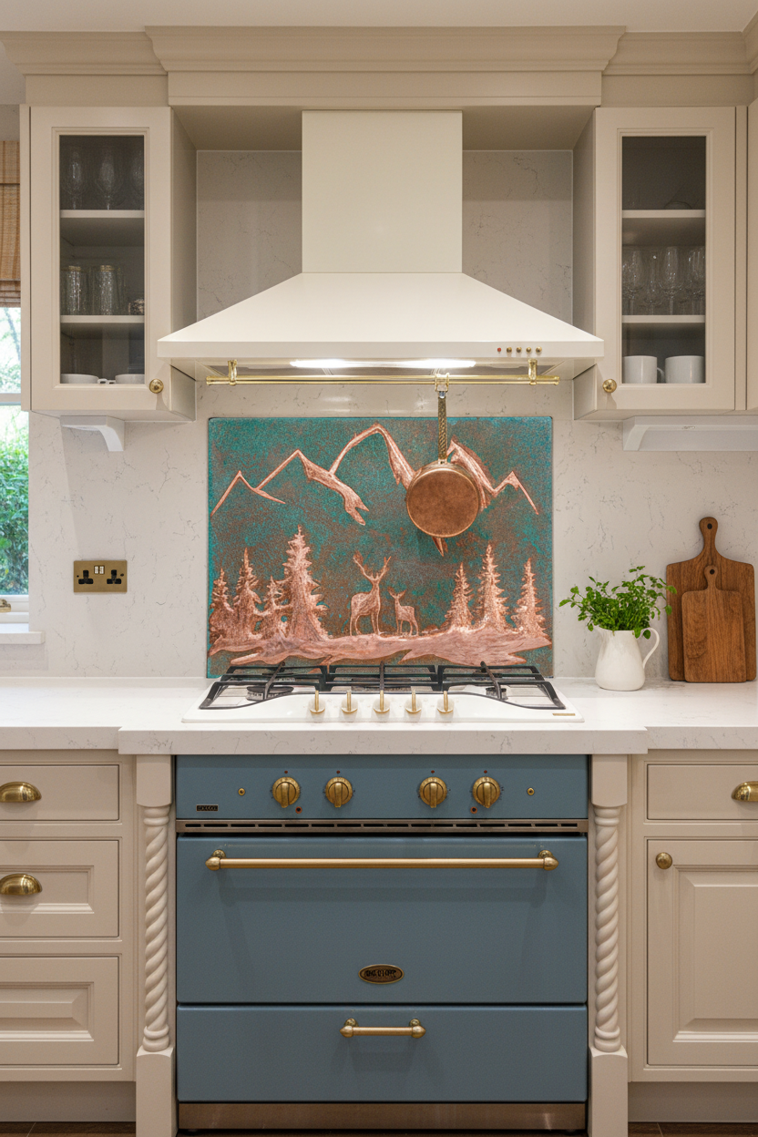 48 Inch Green Verdigris Deer Copper Backsplash Over 48" Professional Range Eclectic Farmhouse