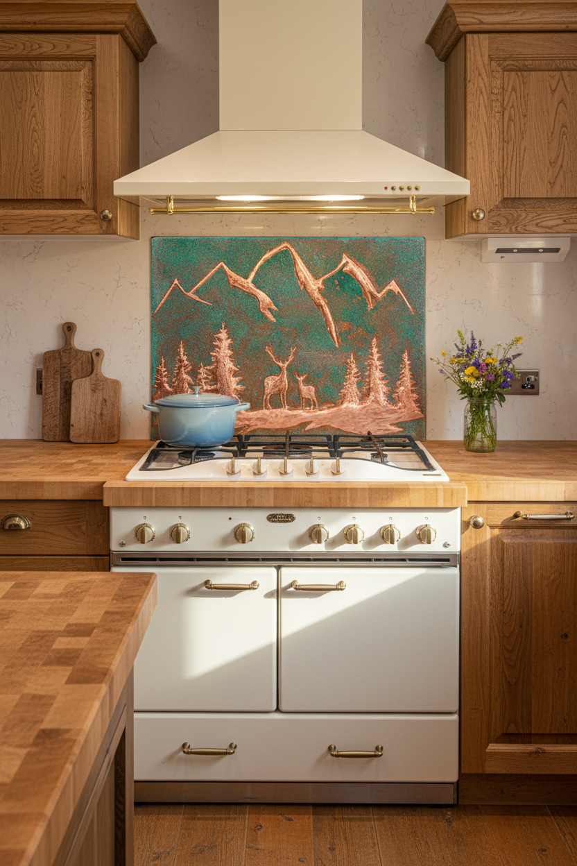 48 Inch Green Verdigris Deer Copper Backsplash Over 48" Professional Range Rustic Cabin