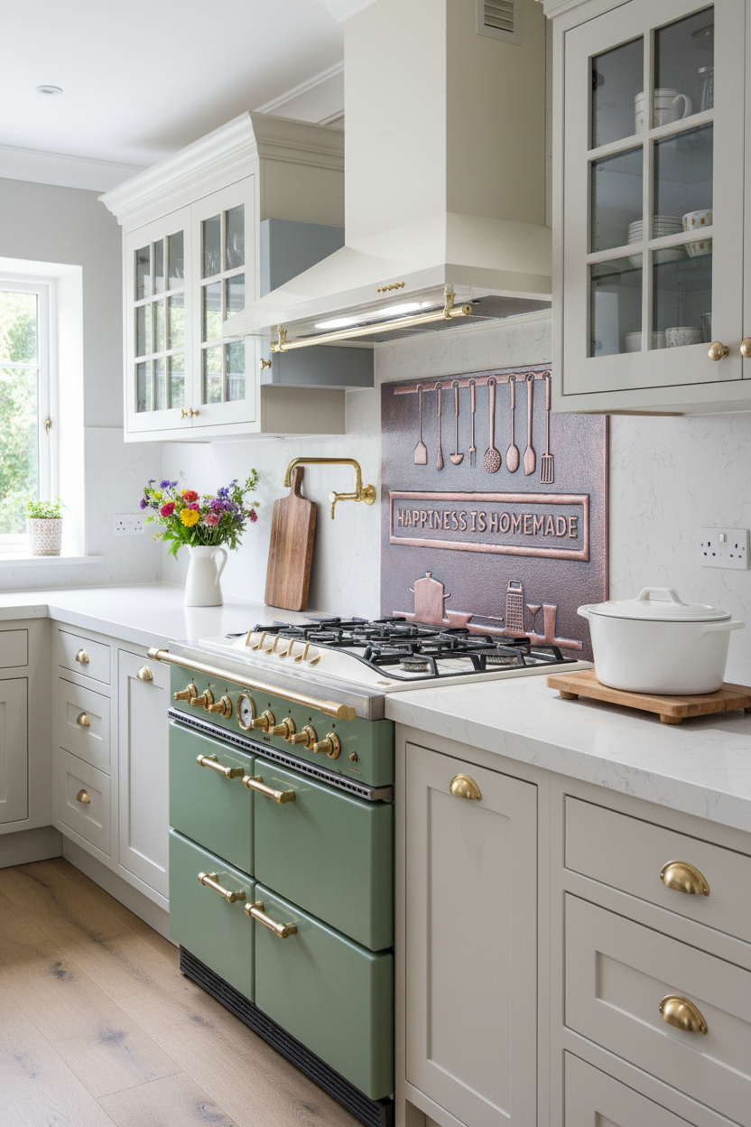 48 Inch Happiness is Homemade Brown Patina Copper Backsplash Over 48" Professional Range Cottage
