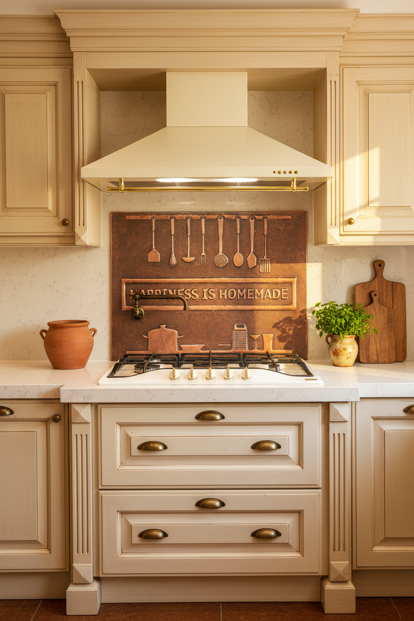 48 Inch Happiness is Homemade Brown Patina Copper Backsplash Over 48" Professional Range