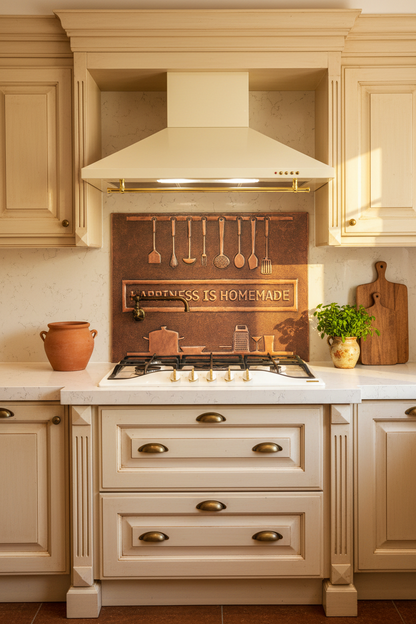 48 Inch Happiness is Homemade Brown Patina Copper Backsplash Over 48" Professional Range
